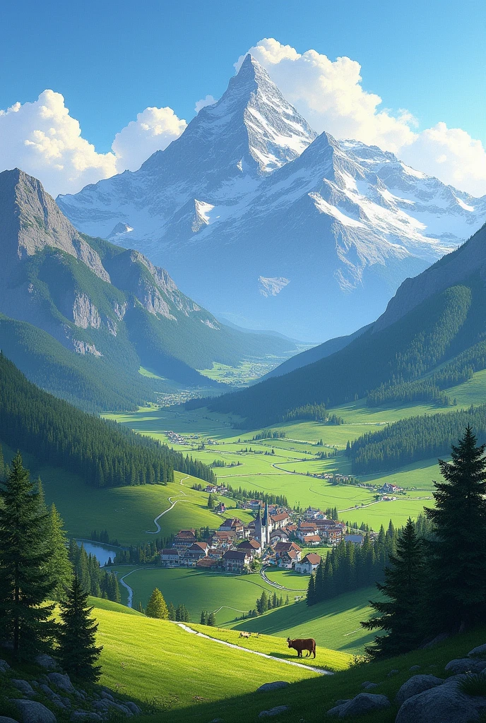 View of mountains and villages in Switzerland
