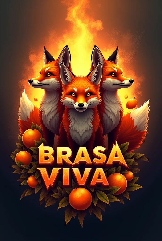 Intimidating logo with orange colors, with the name Brasa Viva, several foxes, orange fruits, and with embers coming out from behind the foxes