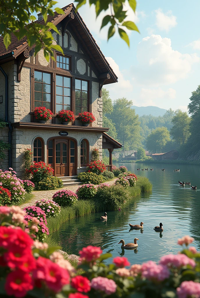 House with large windows with many geranium flowers and a lake with ducks in Europe 3D