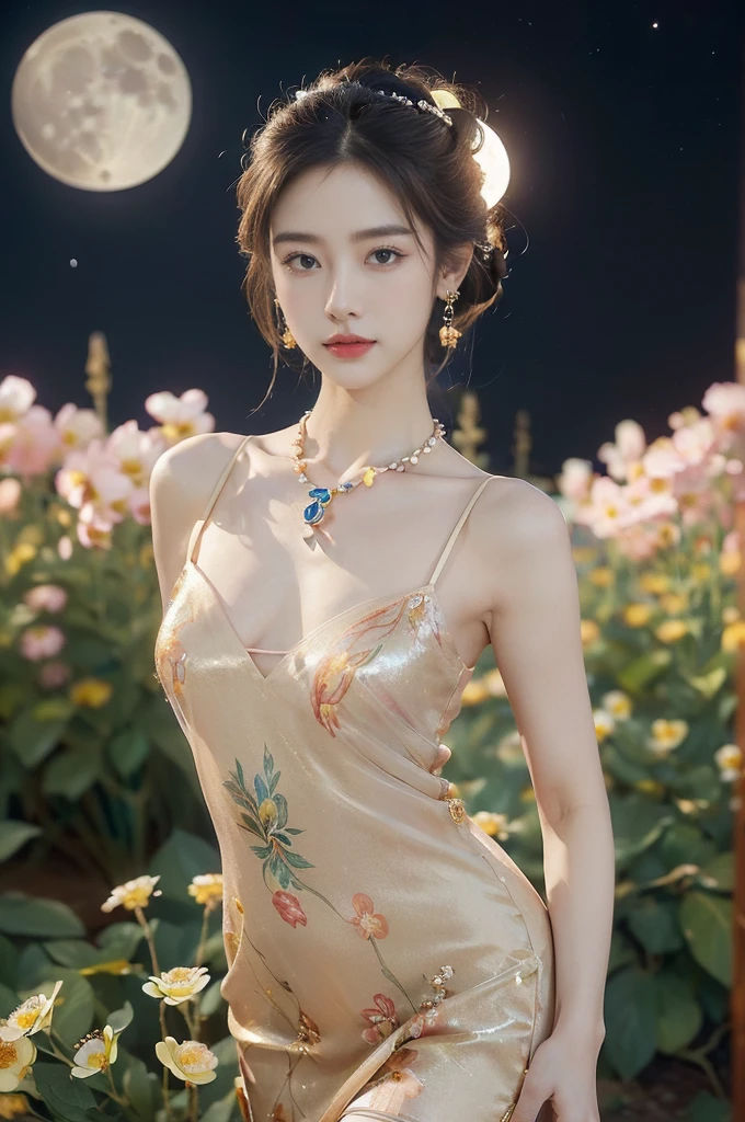 (((best quality))),(((ultra detailed))),(((masterpiece))),illustration,((1 beautiful girl,solo)),(neat chignon:1.2),((earrings,crystal necklace)),((slim,thin)),((small breasts,flat chest)),(slender legs:1.2),(stockings:1.3),(a moon in the clear night sky as the background:1.3), gentle glow,(Standing in the world full of vibrant flowers:1.3),(gorgeous Chinese dress:1.3),sparkling eyes,graceful,(surrounded by crowded colorful flowers:1.5), kaleidoscope, shimmer,bright moonlight, delicate petals, fragrance, otherworldly, magical realm, enchantment, tranquility, essence of beauty, peace,(outdoor:1.),(night scene:1.3),((from front,upper body))