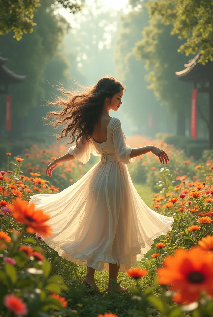 (photorealism:1.2), beautiful woman, Young , dancing in a big Garden, with much flowers ALL collors.