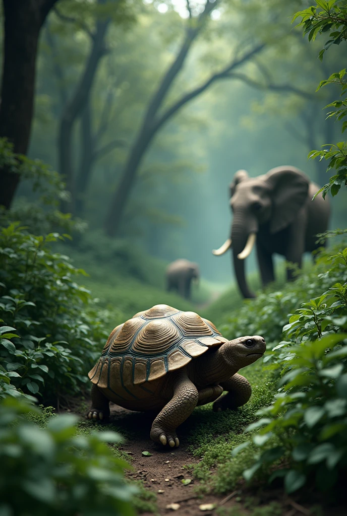 Make the tortoise arrive at the secret place, he began to sing the chant"Gwon Gwon Gwon Gwon" and the path to the yam opened up to the tortoise while one elephant watching from a dIstance hid behind the bush. Make the chant GWON GWON GWON GWON be above the tortoise head while a huge path open up to the tortoise in the bushes