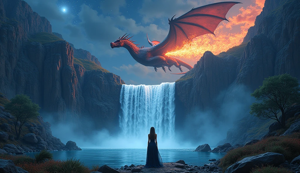 Une belle nuit étoilé avec une jolie cascade , des rochers , des animaux , un jolie lac , une dragon crachant du feu dans le ciel au dessus de la cascade , une jolie femme provocante