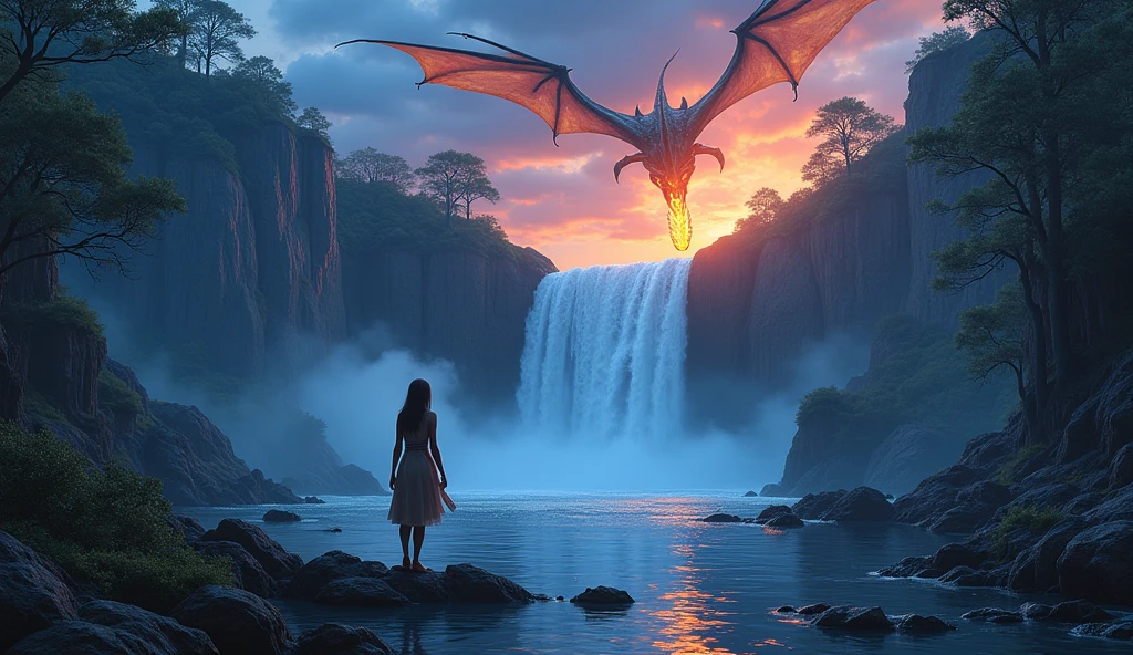 Une belle nuit étoilé avec une jolie cascade , des rochers , des animaux , un jolie lac , une dragon crachant du feu dans le ciel au dessus de la cascade , une jolie femme provocante