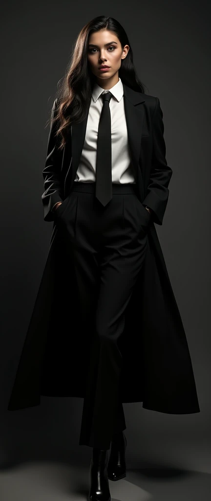 a female, a long trench coat black suit, white shirt underneath, tie, aggressive, assertive, swagger attitude, photorealistic, 8k, hyper detailed, studio lighting, highly detailed face and eyes, intricate details, chiaroscuro lighting, dramatic lighting, moody atmosphere, cinematic, elegant wide arms gesturing