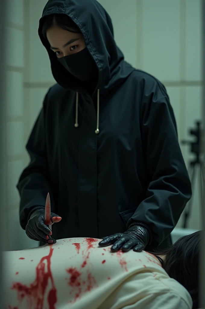 korean girl, (behind stiff, holding knife), stabbing, black balaclava mask, black leather gloves, bath room, black raincoat, girl only, holding knife, leather gloves, woman on top, behind cadaver, looking at viewer, blood splatter, night, mass murderer, killer, blood splatter, tripod and camera in the back, shooting with camera
