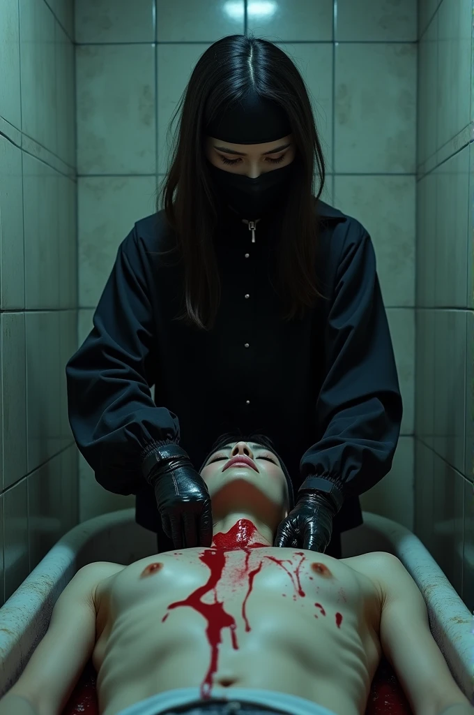 korean girl, (behind stiff, holding knife), stabbing, black balaclava mask, black leather gloves, bath room, black raincoat, girl only, holding knife, leather gloves, woman on top, behind cadaver, looking at viewer, blood splatter, night, mass murderer, killer, blood splatter, tripod and camera in the back, shooting with camera