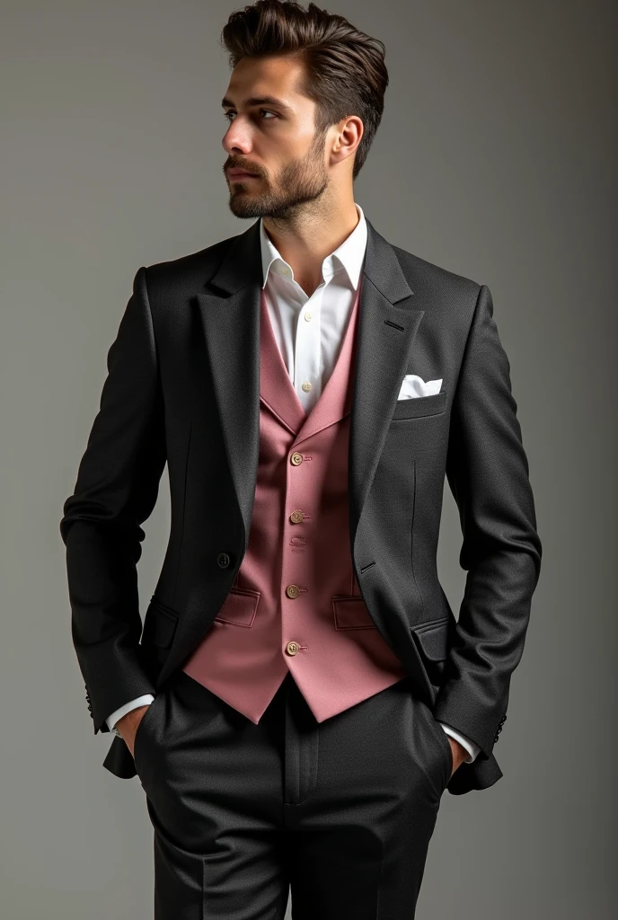 Three piece men suit, dark grey shade blazer and pants, tea pink inner waistcoat and white shirt