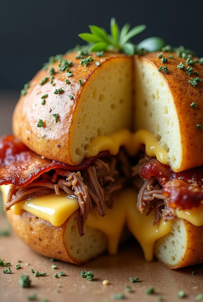 Create an image of a baked potato in the shape of a burger base, with oregano on top of its base and it must be cut in half containing the filling with lots of melted parmesan cheese and shredded ribs and bacon