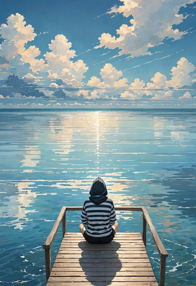 The image depicts a person sitting on a wooden railing at the edge of a body of water, such as an ocean or sea. The person is wearing a striped hoodie with the hood up, black shorts, and sandals. The background shows a calm, expansive water surface and a cloudy sky, suggesting a peaceful and contemplative atmosphere. The person appears to be gazing out over the water, possibly lost in thought.