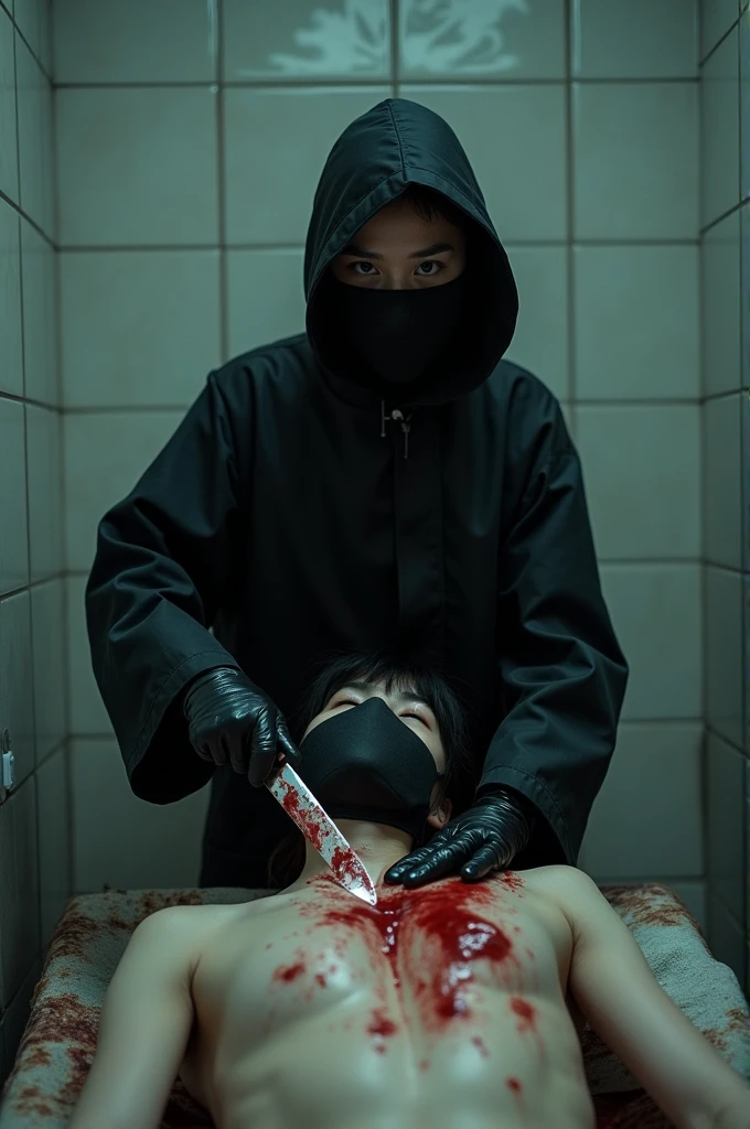 korean girl, (behind stiff, holding knife), stabbing, black balaclava mask, black leather gloves, bath room, black raincoat, girl only, holding knife, leather gloves, woman on top, behind cadaver, looking at viewer, blood splatter, night, mass murderer, killer, blood splatter, tripod and camera in the back, shooting with camera
