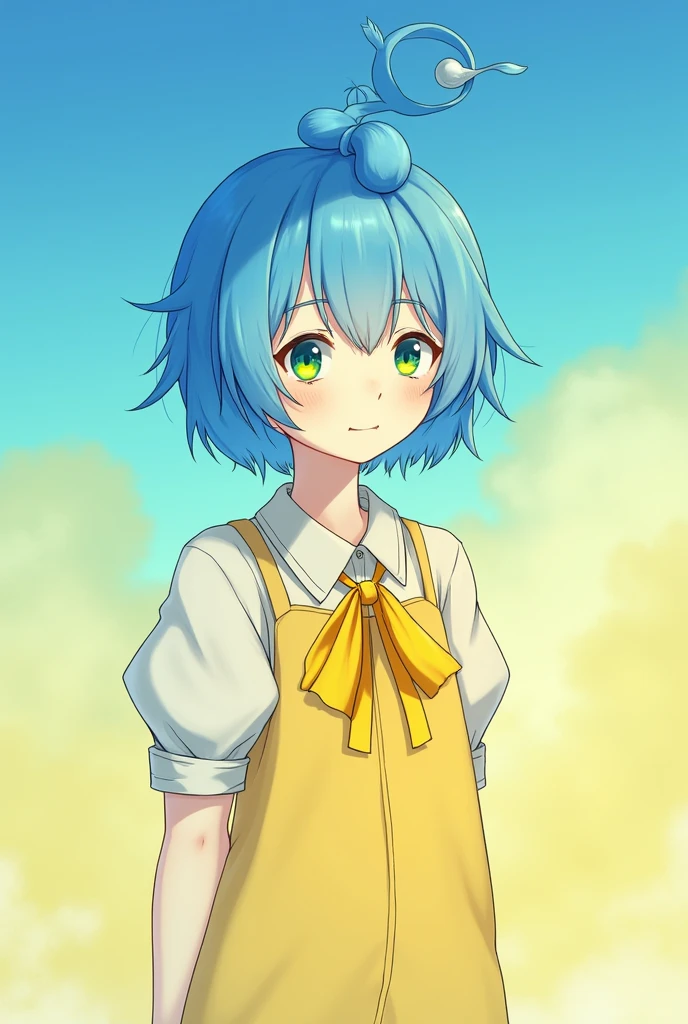Blue short hair,Blue sprout on head,yellow ,yellow 리본라색그라데이션