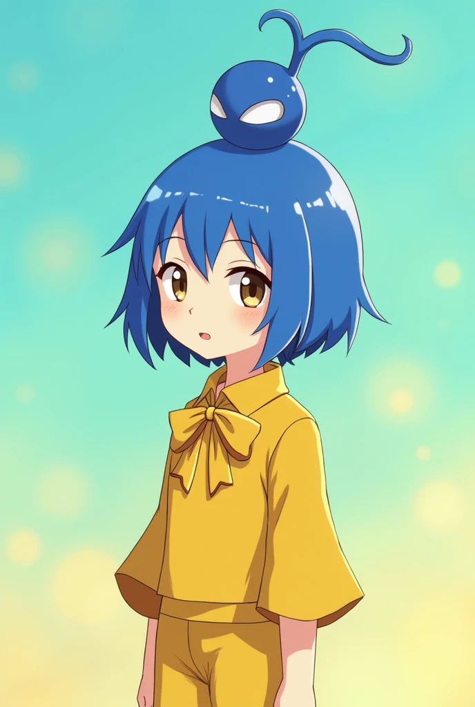 Blue short hair,Blue sprout on head,yellow ,yellow 리본라색그라데이션