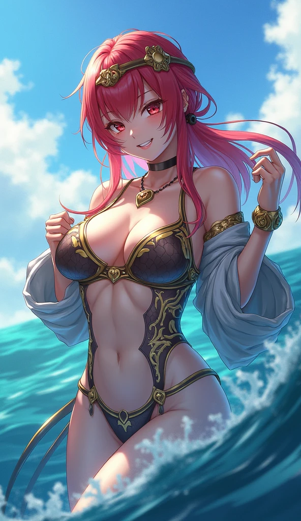 Katarina (Granblue Fantasy), 
break (Open clothes, hair band, Grin, (Gold Armor), Body pattern:1.2), break fishnet, Ocean, Partially submerged, Happy, I&#39;m watching you, Mouth closed, blue sky,
break (masterpiece:1.2), Highest quality, High resolution, unity 8k wallpaper, (figure:0.8), (Beautiful attention to detail:1.6), Highly detailed face, Perfect lighting, Highly detailed CG, (Perfect hands, Perfect Anatomy),