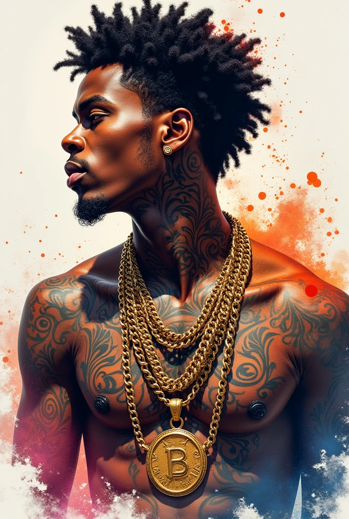 Black male, wearing flashy gold Chains, Hip Hop, avant-garde, Ultra-detailed tattoo, Fantasy Art, Wallop Art, Intense watercolor, Watercolor Art, Watercolor splash, avant-garde波普艺术, rich and colorful, Surrealism, masterpiece, best quality, Official Art, Clear outline, Vector Art Background, author:Sandra Chevrier, Dave McKean、Richard Avedon、Luminous design