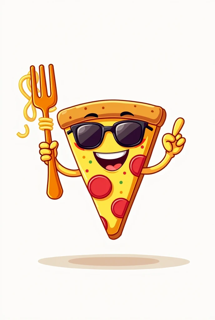Une part de pizza triangle souriante, portant des lunettes de soleil , tient une fourchette de spaghetti à la verticale, comme un sceptre. L'autre main joint les doigts a la façon italienne .Elle a l'air triomphant et porte un grand sourire. La pizza est de couleur jaune vif, avec des morceaux de pepperoni rouges et du fromage fondu. La fourchette de spaghetti est enroulée de quelques spaghettis et est de couleur orange. Logo