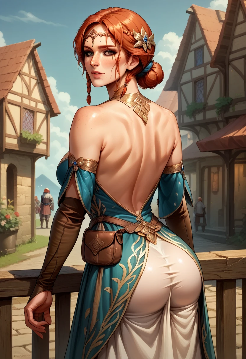 score_9, score_8_up, score_7_up, BREAK, score_9, TrssMeri, short hair, breasts, hair bun, elbow gloves, braid, dress, tiara, jewelry, freckles, pouch, looking at viewer, cowboy shot, ass, from behind, medieval, village