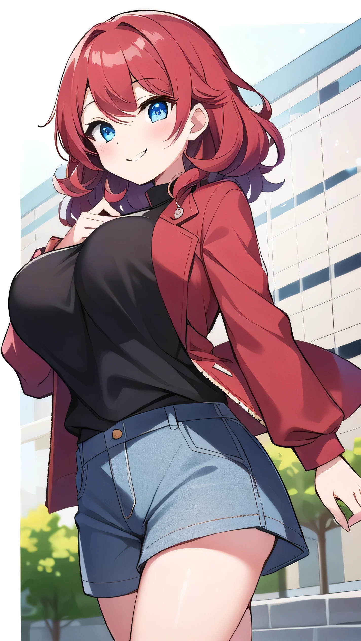 Big breasts, red hair, blue eyes, droopy eyes, red jacket, (super big breasts:1.1), (medium hair: 1.1), baggy clothes, , young face, short height, ,, shy , smiling a little, tryistraight hair,, cute clothes,