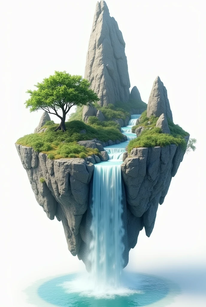 create image of a flying geological mountain with waterfall and tree and with white background