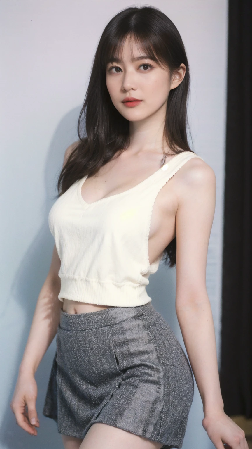 1girl, woman, masterpiece, best quality, highest quality, cinematic lighting, (volumetric lighting), extremely detailed CG unity 8k wallpaper, focused, 8k wallpaper, extremely detailed, ultra realistic, photorealistic, sharp focus, absurdres, (HDR:1.2), (high contrast), photograph, detailed and intricate, instagram, portrait, highly detailed, digital painting, artstation, concept art, smooth, sharp focus, illustration, cinematic lighting, (natural big breast), black short skirt, eyes looking at the viewer, ((medium shoulder)), (skinny legs), (slender body), (((height 163cm))), (HQ skin:1.4, Realistic human body structure), (medium body shot, hips level shot), (aerial shot photo), (wearing knit strap tank top, short skirt), (pale skin), big breast:1.5, cleavage, open shoulder, (show thighs)