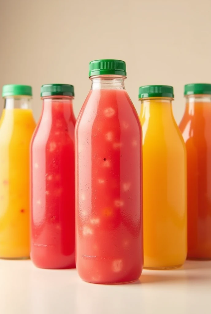 Picture of a plastic bottle of watermelon fruit juice, lineup, mango, passion fruit for logo without brand and without background