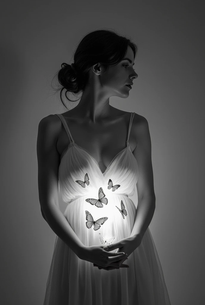 A black and white image of a woman with her hair tied up, with a dress, Her stomach area is lit up and there are some butterflies coming out of it
