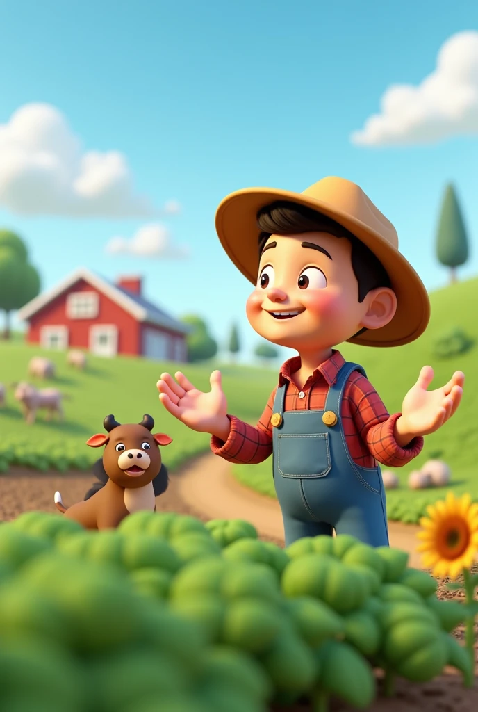 3d cartoon Farmer: to the neighbor "Don’t worry. I’ll work in your field today too."