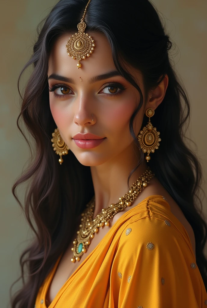 Sita had a slender and graceful figure, with a serene and charming demeanor. Her eyes were large and expressive, and her face was adorned with delicate features such as a straight nose, full lips, and a high forehead.