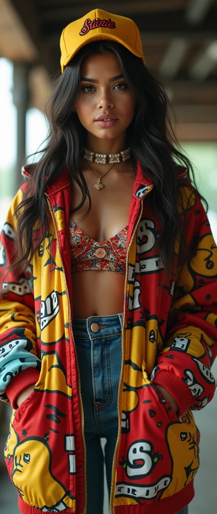 a woman in baggy sagging loose long clothes,bape stussy supreme, hiphop,90s urban fashion,street style,westside,swaggering,detailed facial features,beautiful eyes,beautiful lips,long eyelashes,detailed skin,detailed clothing folds,photorealistic,8k,masterpiece,hyper detailed,realistic,warm lighting,cinematic,photographic,editorial
