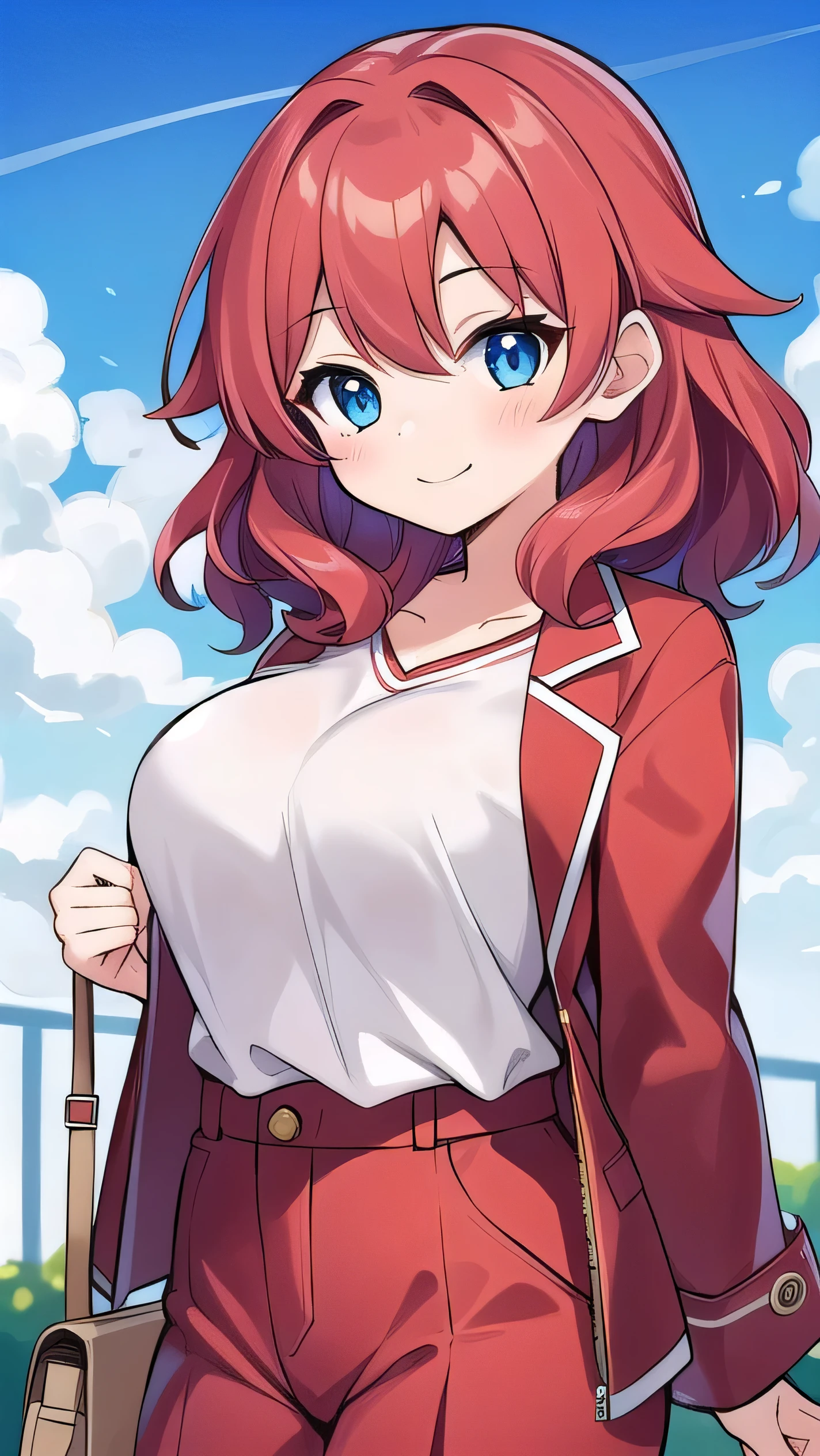 Big breasts, red hair, blue eyes, droopy eyes, red jacket, (super big breasts:1.1), (medium hair: 1.1), baggy clothes, elementary school student, young face, short height, ,, shy , smiling a little, tryistraight hair,, cute clothes,