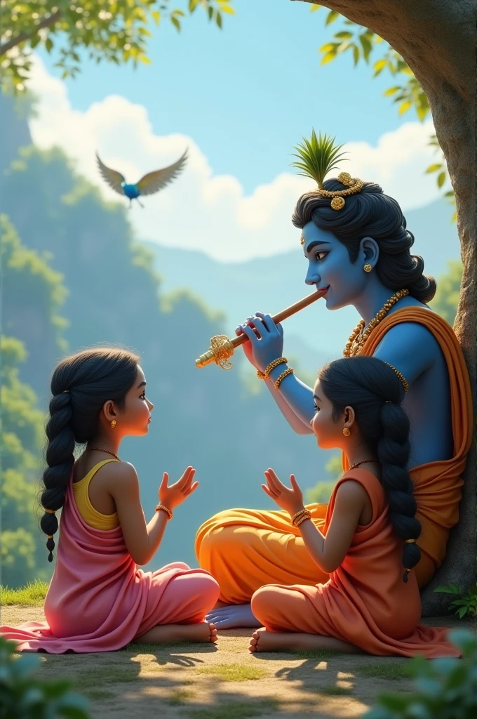 create a 3d image of 2 Indian Girl who is sitting next to krishna ji and Krishna ji playing the flute, they both sit together on the mountain, Girl wearing traditional saree Name "Deepika" written on it, make sure text shout be misspelled, heaven like beautiful view background, peacock dancing,realistic image and Girl is in barefoot.