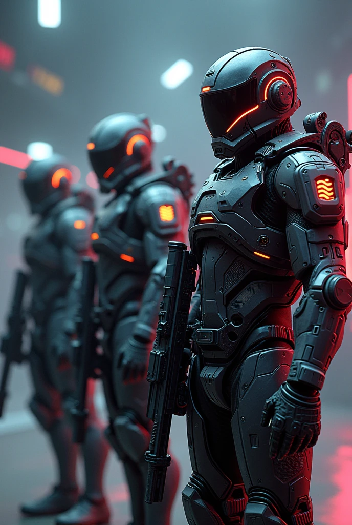 Call of duty in afuturistic world with cool guns and blasters. They are standing in a cool pose with cool tech suits. The suits are in a range of awesome colours. There is only four of them in the picture standing in a horizontal line . Only men. The suits are a little bulky, helmets on please