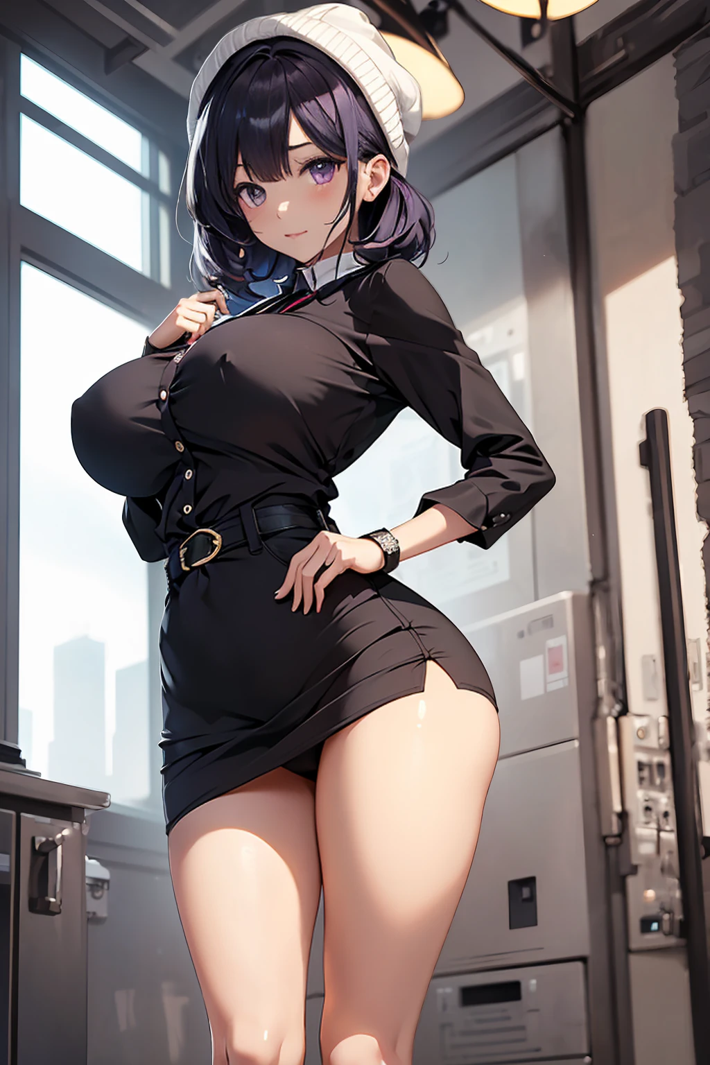 (Solo portrait of a girl1),(girl1),(woman1),(Solo portrait of a girl:1,5),(slender body),(structured),(hot),(mature and sexual body),(big ass), (mature body), (slender body), (physical attributes such as large breasts and ass), (anime), (Black skin color:1.5), (super mega hyper gigantic breasts: 1.5), (long purple hair), ( purple eyes) ,(a 1 woman, with white socks),(wearing),+,(* **Dress:** Generally knee-length or below, with a cut that emphasizes the waist. * **Sleeves: ** Long or short, and may have cuffs with details such as ruffles or lace:** Additional piece, usually with ruffles at the bottom and tied at the waist with details such as lace or ribbons * **Beanie or cap:** A fashion accessory. headband that can vary in style, from the simplest to the most elaborate. oxford or mary jane) are common choices. **Fabrics:** * **Cotton:** As it is a breathable and resistant fabric, it is widely used in work uniforms. * **Linen:** Another natural fabric, known for its durability and freshness. * **Lace:** Used for decorative details, such as collar, cuffs and apron. **Colors:** * **White:** The most common color, associated with cleanliness and purity. * **Black:** Often used for details such as bands, buttons and shoes, creating a contrast with white. **skirt** with white bottom and black top and a super short skirt that reaches the ass), (Super short skirt: 1.5)