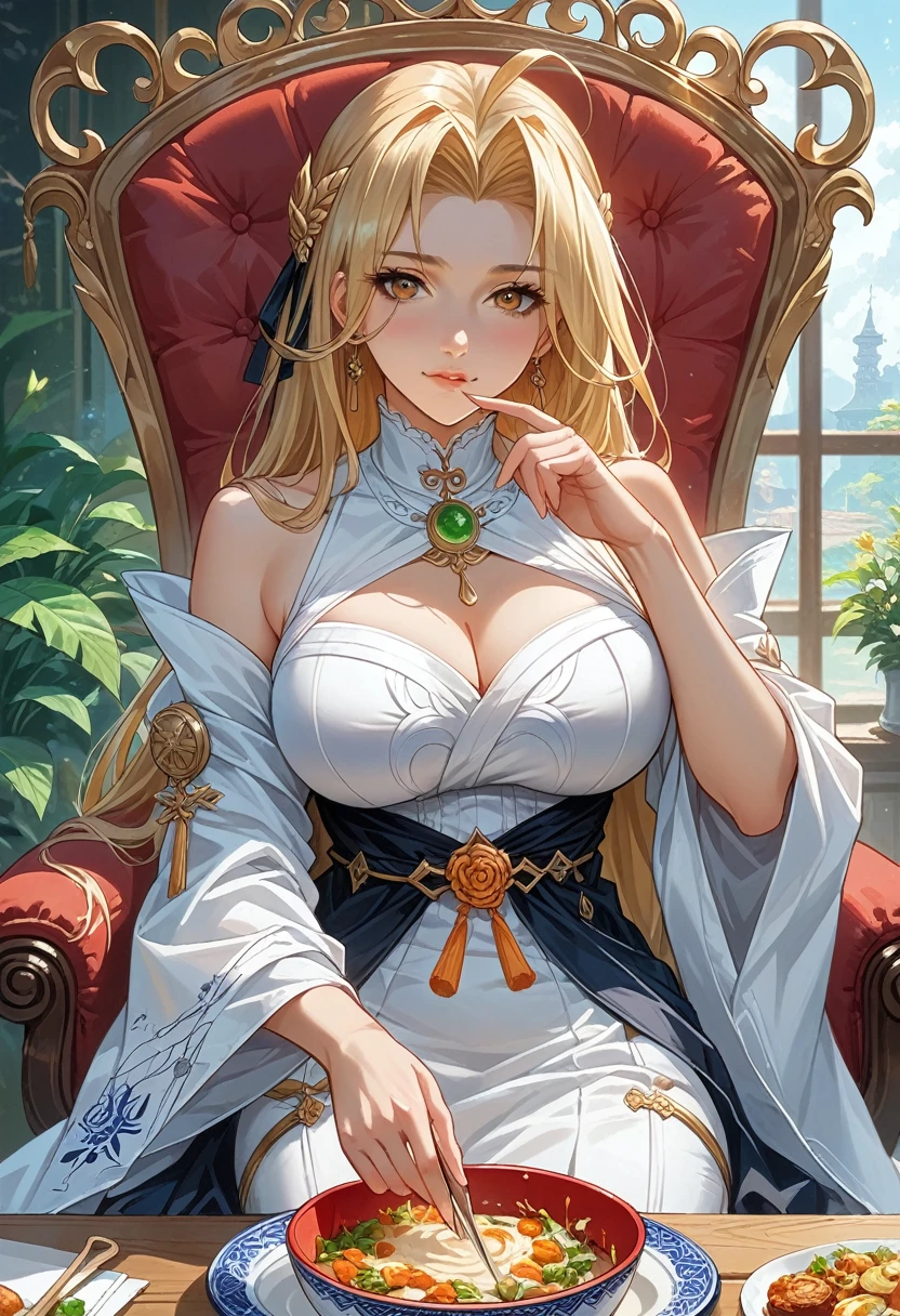 anime girl sitting in chair with a bowl of food in her hand, alchemist girl, light novel cover art, official art, epic light novel art cover, official artwork, epic light novel cover art, , isekai, small curvy , cushart krenz, cushart, cushart krenz key art feminine, shadowverse style, moe