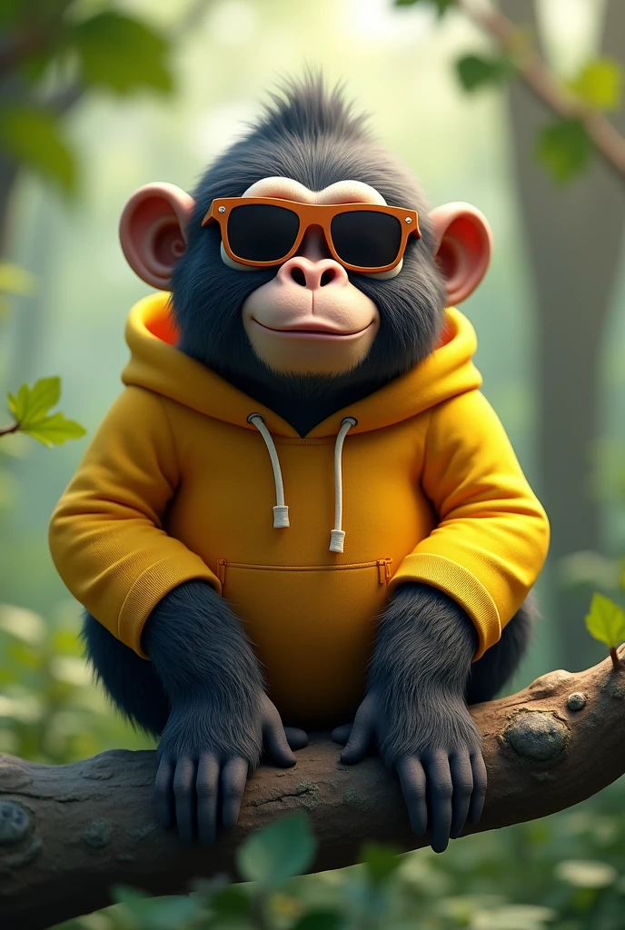 A whimsical antropomorphic gorilla wearing yellow  hoodie, put in brown oakley glasses, sitting on the tree, 3d render