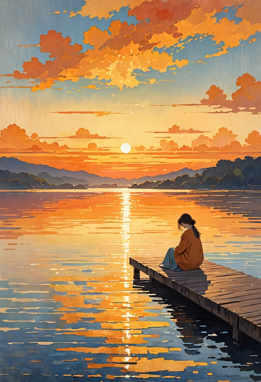 The image depicts a person sitting alone on a wooden dock by a body of water during what appears to be sunset or sunrise. The person is seated with their knees drawn up to their chest and their head resting on their knees, suggesting a contemplative or melancholic mood. The warm colors in the background from the sun reflecting off the water create a serene yet somber atmosphere.