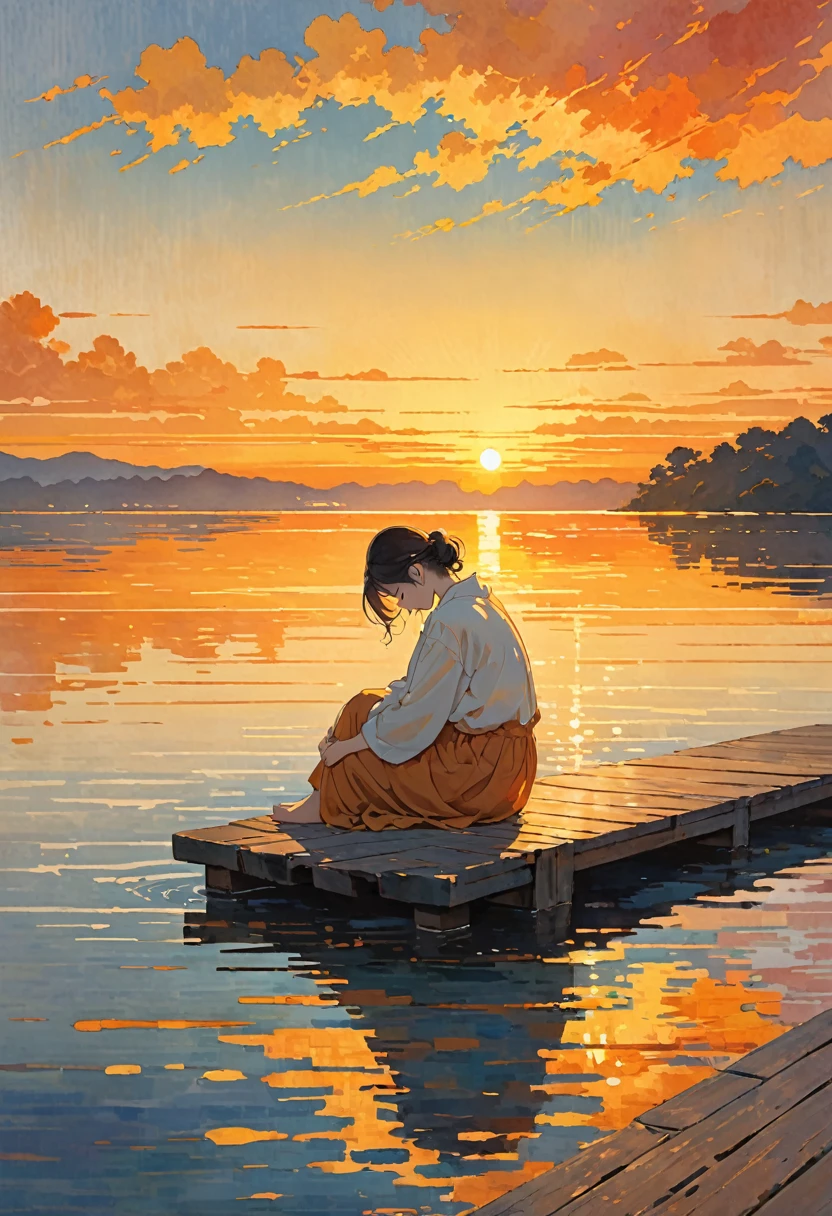 The image depicts a person sitting alone on a wooden dock by a body of water during what appears to be sunset or sunrise. The person is seated with their knees drawn up to their chest and their head resting on their knees, suggesting a contemplative or melancholic mood. The warm colors in the background from the sun reflecting off the water create a serene yet somber atmosphere.