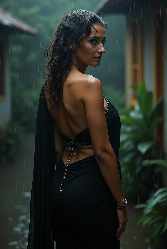 A middle-aged hot girl wearing a thin black saree standing in the rain and showing her big ass