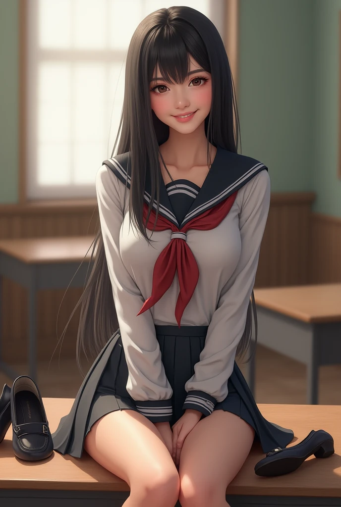 Beautiful Asian woman with straight hair uniform Show your pants Sitting on a desk with her legs wide open Put your shoes on the table Short skirt smile