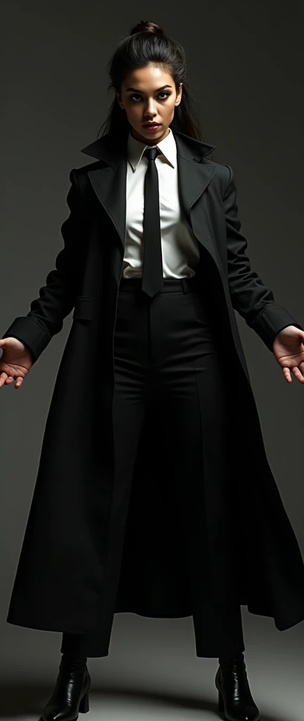 a female, wide arms gesturing a long trench coat black suit, white shirt underneath, tie, aggressive, assertive, swagger attitude, photorealistic, 8k, hyper detailed, studio lighting, highly detailed face and eyes, intricate details, chiaroscuro lighting, dramatic lighting, moody atmosphere, cinematic, elegant 