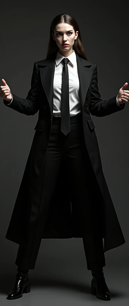 a female, wide arms gesturing a long trench coat black suit, white shirt underneath, tie, aggressive, assertive, swagger attitude, photorealistic, 8k, hyper detailed, studio lighting, highly detailed face and eyes, intricate details, chiaroscuro lighting, dramatic lighting, moody atmosphere, cinematic, elegant 