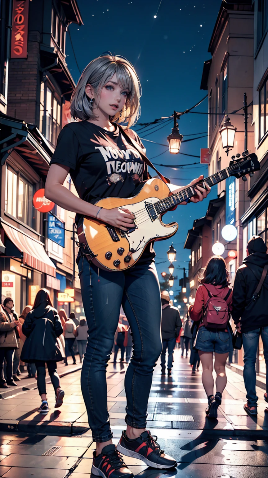 2 female。T-Shirts、jeans、sneakers、Silver Hair、semi-long、Downtown at night、Street Performance、Singing while playing guitar、People gather around to listen