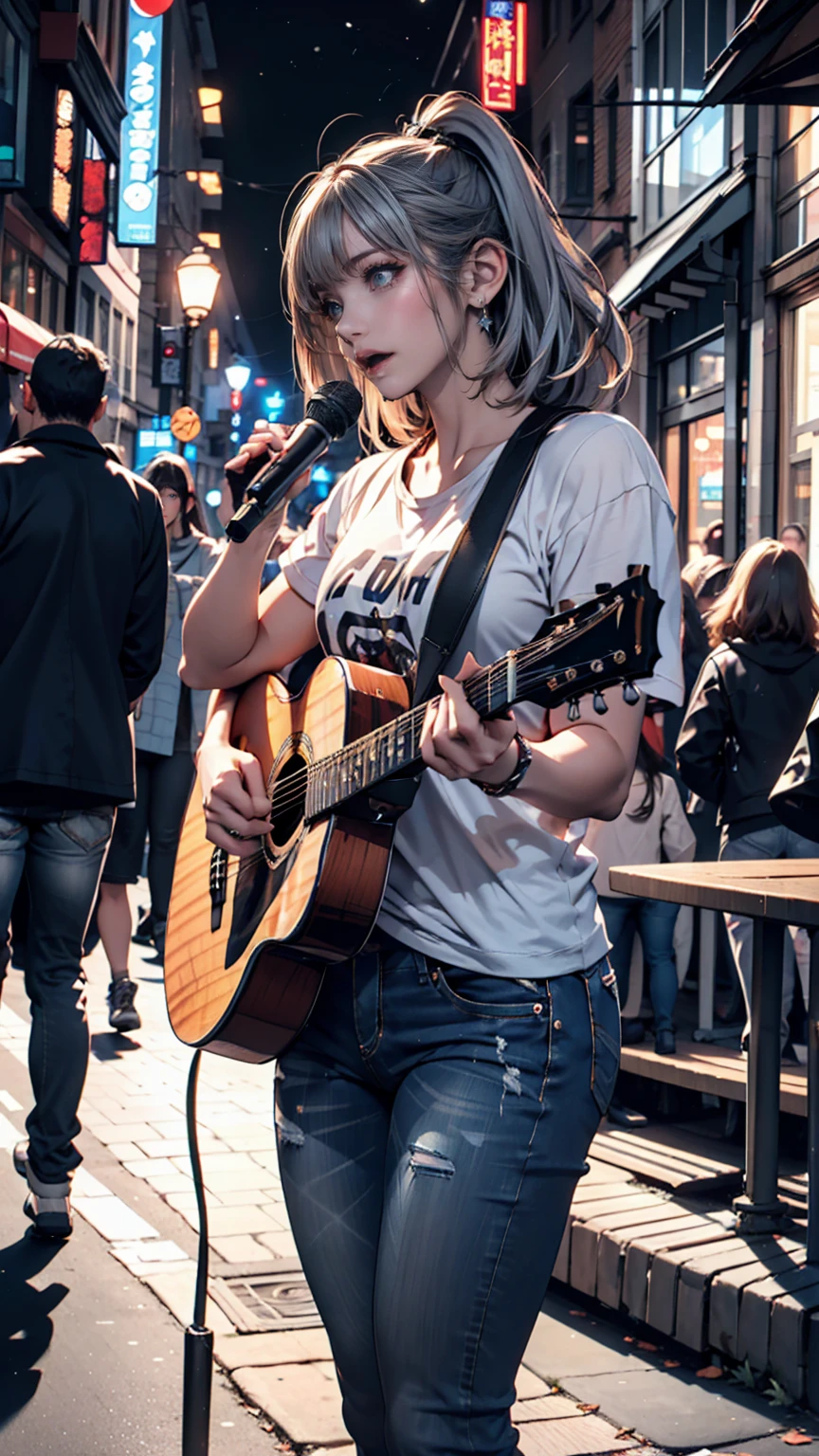 2 female。T-Shirts、jeans、sneakers、Silver Hair、semi-long、Downtown at night、Street Performance、Singing while playing guitar、People gather around to listen