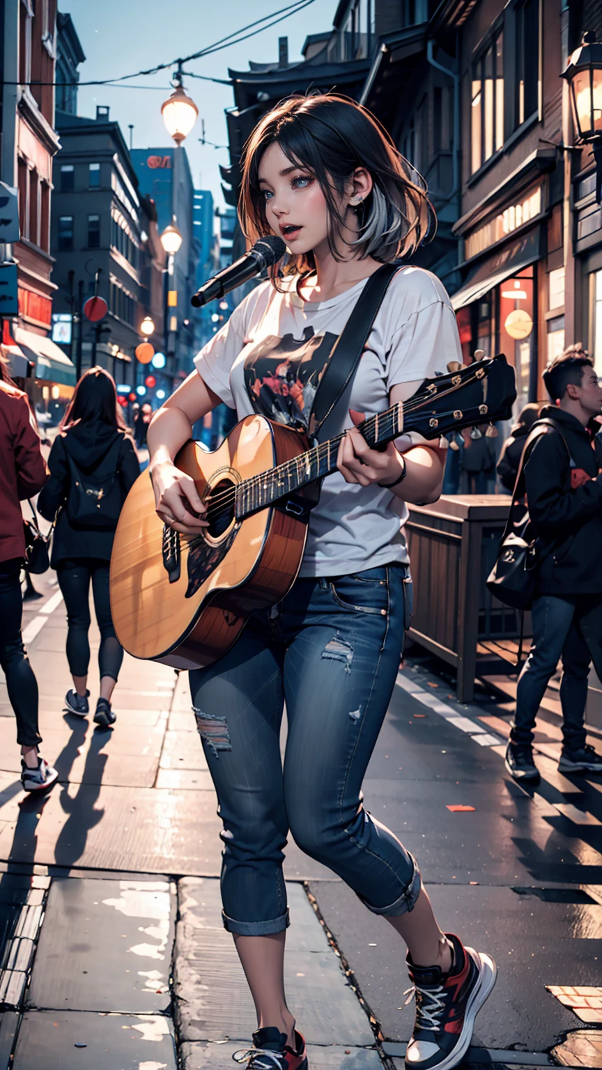 2 female。T-Shirts、jeans、sneakers、Silver Hair、semi-long、Downtown at night、Street Performance、Singing while playing guitar、People gather around to listen