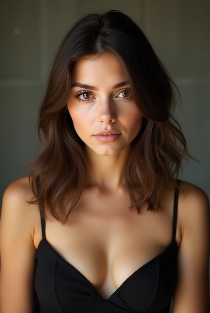 young beautiful woman, shoulder length hair, sexy dress, center and facing the camera with large expressive eyes