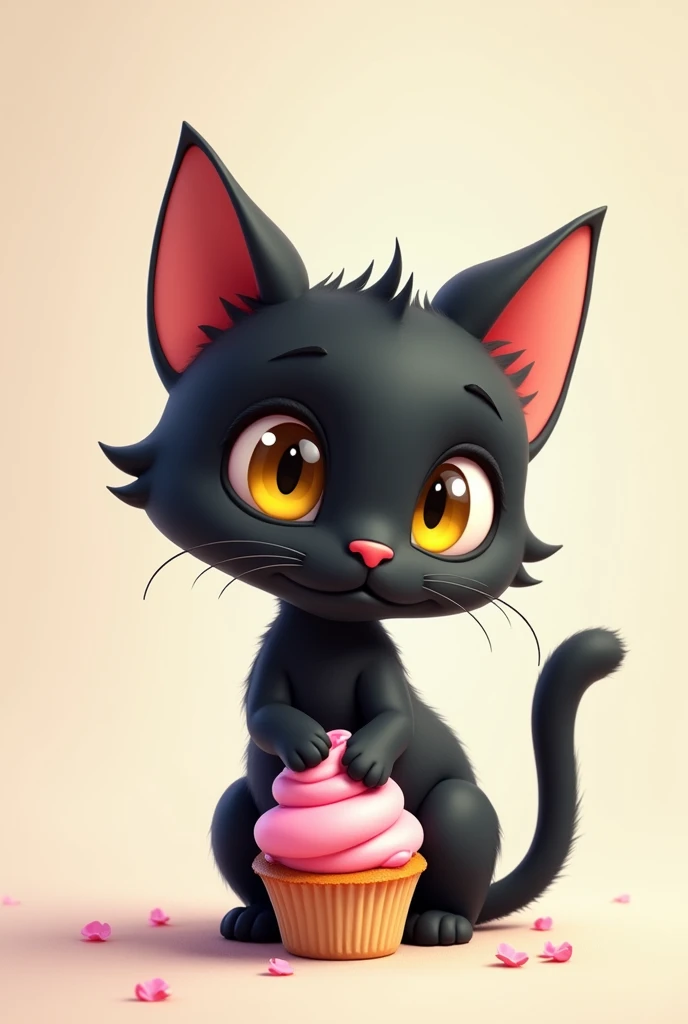 2d cartoon style image of black cat with yellow eyes eating pink cupcake (opt for pastel tones, simple and delicate lines and gentle expressions)