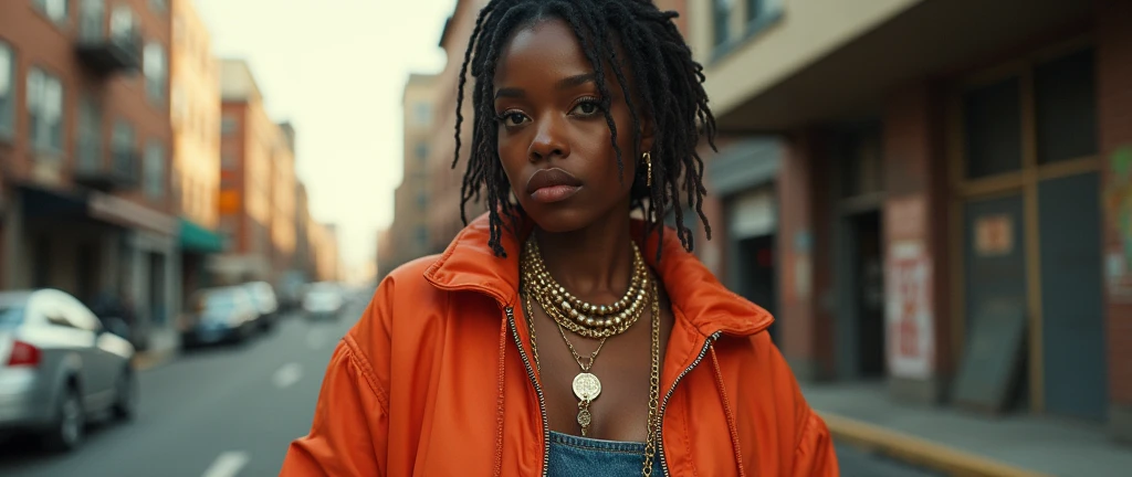 a woman in baggy sagging loose long clothes,hiphop,90s urban fashion,street style,westside,swaggering,detailed facial features,beautiful eyes,beautiful lips,long eyelashes,detailed skin,detailed clothing folds,photorealistic,8k,masterpiece,hyper detailed,realistic,warm lighting,cinematic,photographic,editorial