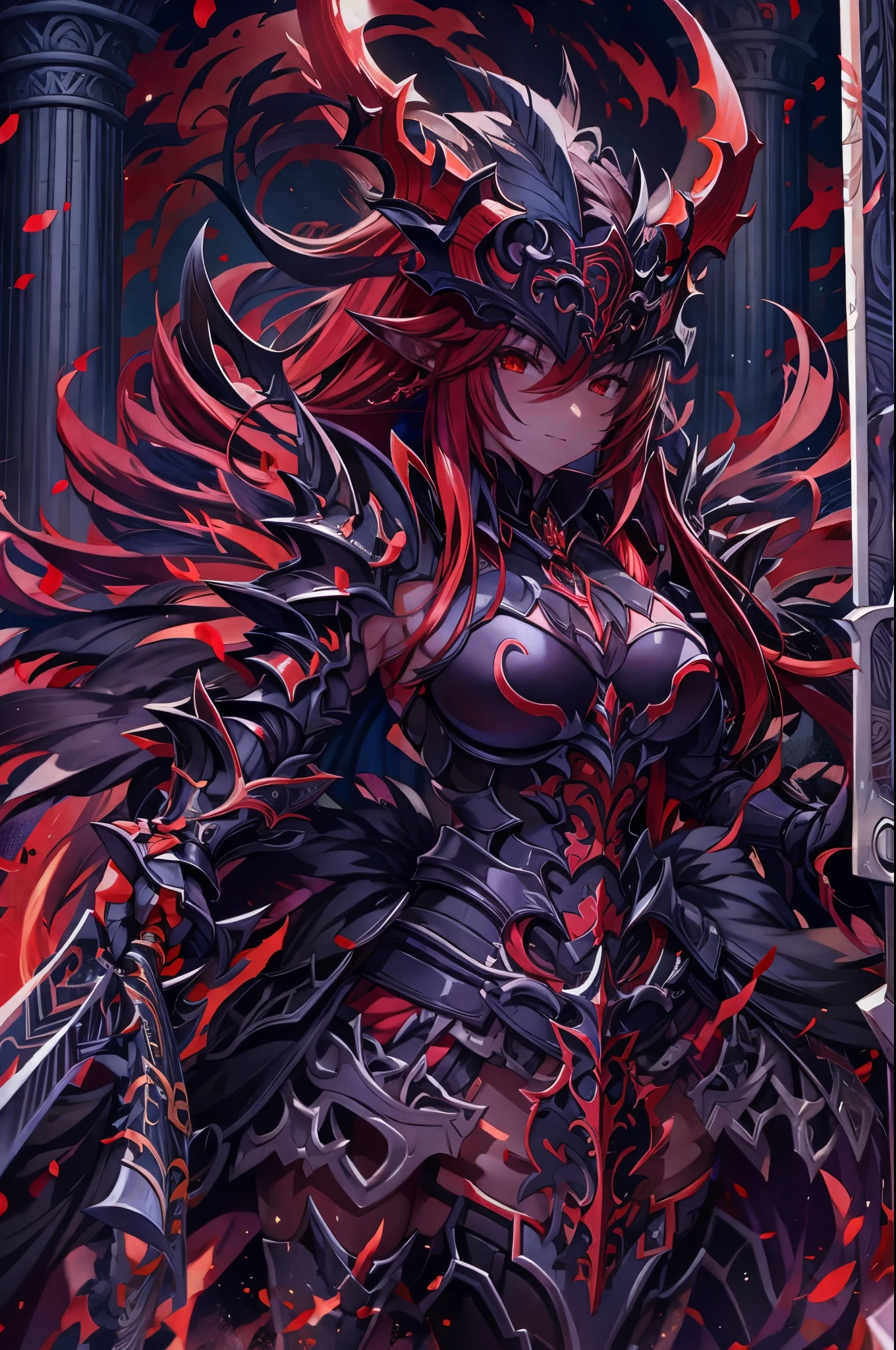 body Portrait of a demonic Female Generail long red hair wearing red black armor she has horns and black wings 4k sehr detailierte details 3d her weapon is a black sword