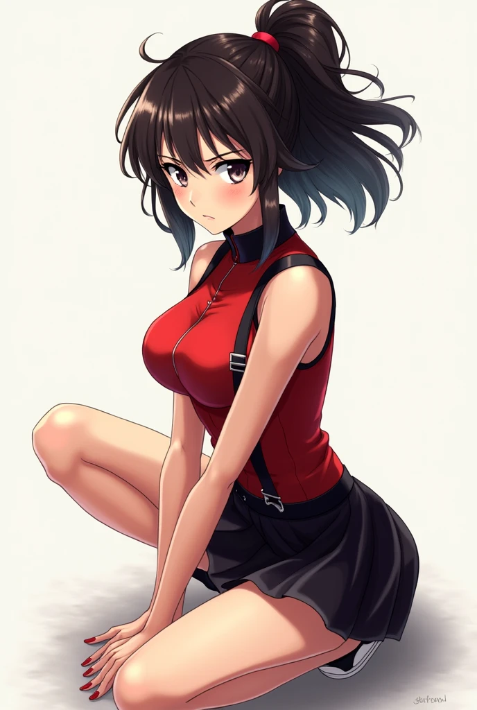 guapo, head of&#39;artwork, best quality, extremely detailed face,  perfect lighting, 1fille, bare,  matoi ryuuko b, senketsu, suspender skirt, squat,flush,  tir de cow-boy