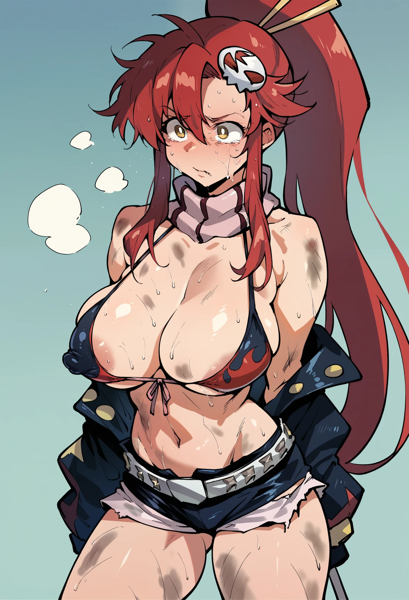 One girl, Yoko Littner, ripped clothes, nipple, sweating, dirty, bikini top